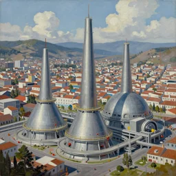 Nuclear Breeder Reactors integrated with the town of Quito by Simon Stålenhag and Vincent Callebaut, oil on canvas; Art Direction by James Cameron; 4K, 8K; Ultra-Realistic Depth Shading