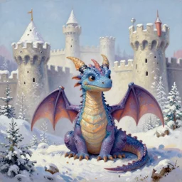 fantasy realism, pastel oil painting, an adorable friendly dragon that is sitting, cute, anatomically accurate quadruped, while surrounded by snowy castle fortress towers, art by larry elmore, and ted nasmith, and brothers hildebrandt, and paul bonner, and boris vallejo, as a book cover illustration, raytraced, cottagecore