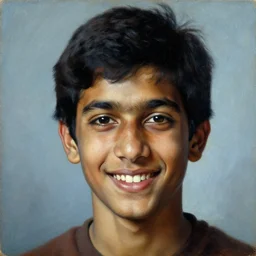 a beautiful portrait of a smiling indian stoner boy, 1 9 9 0 s, head only, by laszlo moholy - nagy, by greg rutkowski, by carl gustav carus, oil on canvas, trending on artstation, masterpiece, brilliant cold lighting, detailed, 8 k