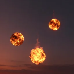 three meteor fireballs fall down in the dark sky, at gentle dawn red light, a computer rendering by agnes lawrence pelton, featured on polycount, computer art, rendered in cinema 4 d, octane render, rendered in maya