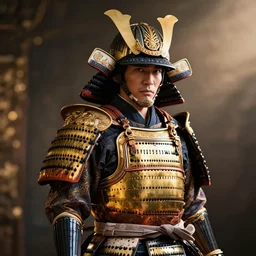 a studio photography of samourai wearing gold and black armor, intricate detailed ornate, bokeh effect, dramatic backlighting,