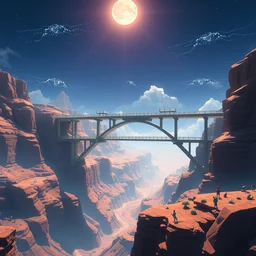 a wholesome animation key shot of a futuristic bridge over a desert canyon, by studio ghibli, animation, sharp, rendered in unreal engine 5, focused, anime key art by greg rutkowski, bloom, dramatic lighting