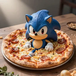 a photo of a pizza in the shape of sonic the hedgehog, a pizza imitating sonic the hedgehog