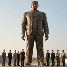 Photograph of 20 foot tall giant man standing next to 6 foot tall man