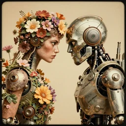 a beautiful ultradetailed vintage photo of two angry cyborgs butting heads against each other, by tom bagshaw and anna dittman, portrait, vignette, 3 5 mm lens, golden ratio composition, detailed faces, studio photography, very detailed, humanoids overgrown with flowers, industrial robots, artstation, 8 k, highly coherent
