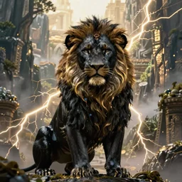 satisfied black lion's god looking at you, black fur made of gold lightnings surrounded by epic ancient huge forest and mountains, colossal scale, cinematic shot, vibrant colors, photorealism, epic, octane render by Evgeniy Antonenkov and James Jean