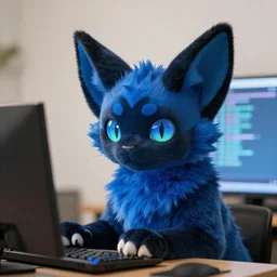 a blue - and - black male catbat fursona with blue / green heterochromatic eyes ( differently - colored eyes, one eye green, one eye blue ) and huge bat ears, photo of the catbat streaming on his computer