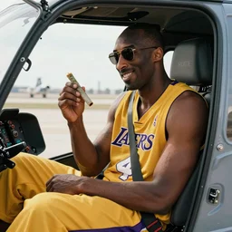 A picture of Kobe Bryant sitting in the cockpit of a helicopter holding a rolled marijuana joint, hyper detailed, 8k resolution