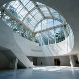 hyper realistic interior photo of a white concerete brutalist museum mixed with giant victorian greenhouse, style of simon stalenhag, cinematic and blue cold atmospheric, archillect concept art, artstation, volumetric light rays