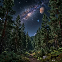 psychedelic, trippy, velvet, pine forest, planets, milky way, cartoon by rob gonsalves