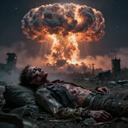 a beautiful award-winning photo of a man dying from radiation sickness, being the last soul in the universe, serene post-nuclear background, a huge nuclear cloud, fire, cosmic horror, depression, intricate details, volumetric lighting, haze, very high quality, extremely detailed, subtle visual noise, hyperrealistic, 8K