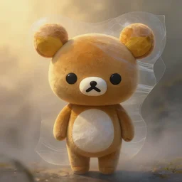 7 0 mm photograph of vellum and mesoglea - translucent layers ambiently occluding and striating, forming a detailed sculptural recreation of the rilakkuma plushie bear from roger dean's paintings emerging from the mist, dappled in polarized golden hour light, cinematic, 8 k
