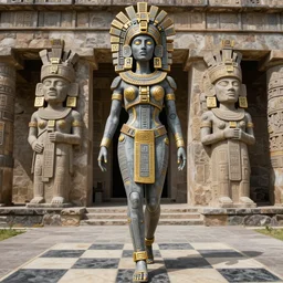 beautiful aztec inca woman colossus full body well proportioned pacing to temple by eddie mendoza hyperrealism expressive eyes cyborgess checkmates symmetrical very very detailed giger beksinski grey and gold