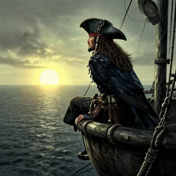 pirate in crow's nest looking at horizon, Dynamic lighting, cinematic, establishing shot, extremely high detail, foto realistic, cinematic lighting, pen and ink, intricate line drawings, post processed, concept art, artstation, matte painting, style by Raphael Lacoste, Eddie Mendoza