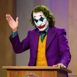 pastor kenneth copeland cosplaying as the joker on his televangelisy megachurch pulpit