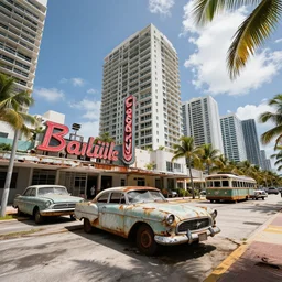 low wide angle shot of dilapidated fallout 5 miami, tropical coastal city, desolate, dilapidated neon signs, few rusted retro futuristic vintage parked vehicles like cars, buses, trucks, trams, sunny weather, few clouds, volumetric lighting, photorealistic, daytime, spring, sharp focus, ultra detailed, 4 0 0 0 k