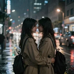 #Two girls embracing each other in a rainy night, with many city lights beside them#