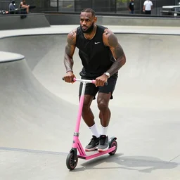 paparazzi photo of Lebron James on a pink scooter in a skatepark, high quality, 8k