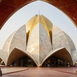 looking up in the interior of a futuristic lotus temple with gold, red and white marble panels, in the desert, by buckminster fuller and syd mead, intricate contemporary architecture, photo journalism, photography, cinematic, national geographic photoshoot