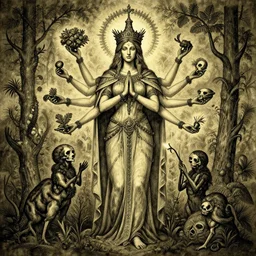 full body portrait of marzanna slavic goddess associated with with six arms seasonal rites based on the idea of death and rebirth of nature concept art zdzisław beksinski, full body!! contour light effect!! hd, 4 k, ultra clear detailed