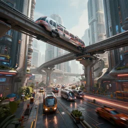 in a futuristic atompunk city with vehicles and a monorail, highly detailed, 8 k, hdr, award - winning, octane render, artstation, volumetric lighting