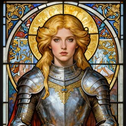 head-on symmetrical centered painted portrait, Elisha Cuthbert as a paladin, blonde hair, golden halo, ornate iron armour, art nouveau tarot, fantasy, masterpiece stained glass, intricate, elegant, highly detailed, smooth, sharp focus, illustration, artstation, in the style of Artgerm and Anna Podedworna and Edgar Maxence and Alex Ross and Mucha