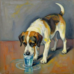 pablo picasso style painting of a dog drinking it's last cup of water