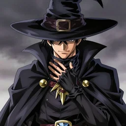 adult male ; black mage ; large wizard hat with very long brim hiding face ; high collar ; wearing long coat ; drawn by hirohiko araki ; detailed manga art ; anime key visual ; cinematic ; trending on artstation ; high detail ; digital art