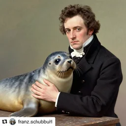 a photo of franz schubert hugging a seal pup, instagram, colorized, photo from 1 8 2 0 s