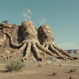 hyperrealist studio ghibli dull colors portrait from close encounters of the third kind 1 9 7 7 of a cliff with two huge stone pctopus statues swaying in a desert cliff bubble monument valley