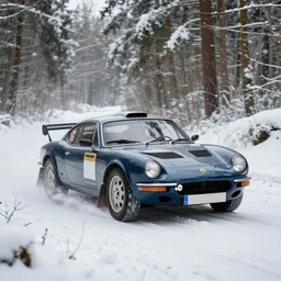 a 1 9 8 9 lotus carlton, racing through a rally stage in a snowy forest
