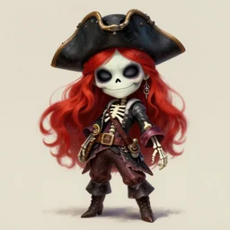 cute & beautiful smug smiling undead skeleton girl with very attractive face and red hair dressed as a pirate, elegant, digital art, fullbody painting, fantasy, pixar style, painting, pin up, highly detailed, artstation, art by artgerm, vrubel, greg rutkowski, ilya kuvshinov, raymond swanland