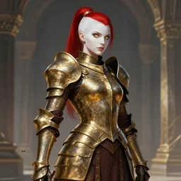 full body portrait of beautiful paladin lady in the temple, face details, heavy brass armor, red ponytail, white skin, golden eyes, high fantasy, dnd, extremely detailed, smooth, sharp focus, digital illustration, by ironstylus, rossdraws, artgerm