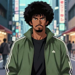 illustration by katsuhiro otomo, black man with afro hair, raspy beard stubble, wearing an adidas army green jacket, in the streets of tokyo, akira style, by katsuhiro otomo