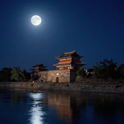 night sky, stars, super bright moon, ancient chinese architecture, rivers, by caspar david friedrich, filmic, photoshoot, ray tracing reflections