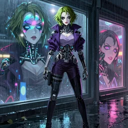 cyberpunk anime art, refractions on lens, the joker as a beautiful cyborg girl in the style of arcane, full round face, biomechanical details, full body shot, rain, wet street, window reflections, lens flare, wlop, ilya kuvshinov, artgerm, krenz cushart, greg rutkowski