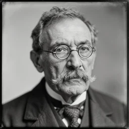 daguerrotype of a really old man, wrinkly, lots of mustache, tiny glasses