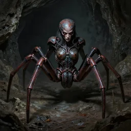 creepy matte painting of an armored humanoid female spider monster with eight spider legs in a dark cave, ultra detailed, monster, half human half spider, human torso and head, spider thorax, human face, human arms, creature design, concept art, 8 k, moody lighting, muted colors, dramatic lighting, realistically proportioned face