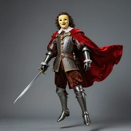 man wearing theater comedy mask floating in the sky , he is wearing a doublet and elizabethan trousers, he is wearing a red billowing capelet draped over his shoulder, he has armored gloves and armored boots, he carries a shortsword in his left hand, dramatic theater lighting