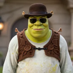bryan cranston as walter white as shrek ogre, goatee, wearing bowler hat and sunglasses