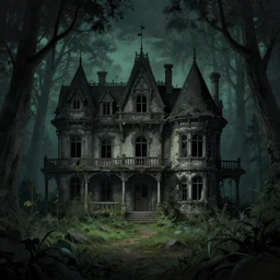 an abandoned spooky 3 story manor in the middle of a dark forest, from a fantasy point and click 2 d graphic adventure game, art inspired by john shroades, king's quest, sierra entertainment games, landscape painting