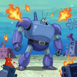 plankton piloting a giant robot destroying the krusty krab, episode, detailed, 4 k, fire, awesome, favorite
