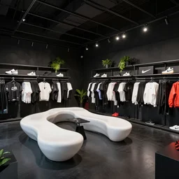 venta black!! nike boutique flagship retail. gothic styled black interior. white sensual flowing furniture!!! with colorful shoes and varied clothes. low ceilings with rails and spots. plants. muted colors. architectural photography, 8 k, realistic lighting, reflections, bloom, hyperdetailed environment, pbr materials.