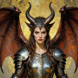 head and shoulders portrait of an armored erinyes devil with huge bat wings, portrayed by olga kurylenko, d & d, fantasy, luis royo, magali villeneuve, donato giancola, wlop, krenz cushart, hans zatka, klimt, alphonse mucha