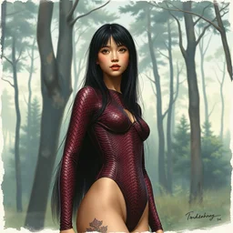 girl with long black hair in burgundy python snake skin bodysuit in forest biome at midday. highly detailed, digital painting, watercolor, soviet realism, engraving, artstation, concept art, smooth, sharp focus, vivid grunge, manga, illustration, unreal engine 5, 8 k, art by bilibin and kilian eng and kuvshinov and malevich and mucha