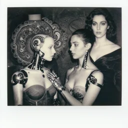 a black and white photo of cybernetic androgyny collaborating, mandelbrot, in the style of egon schiele, m c escher, jenny saville, surreal, film photography, soft lighting, fashion photography, polaroid photography