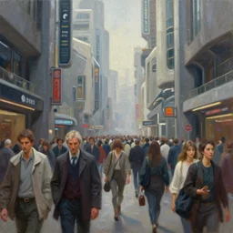 a photograph of a very very large crowd of people walking down the street of a futuristic city scene, brutalist style architecture, straight edges, shop signs, finely detailed oil painting, impasto brush strokes, soft light, 8 k, dramatic composition, dramatic lighting, sharp focus, octane render, masterpiece, by adrian ghenie and jenny saville and zhang jingna