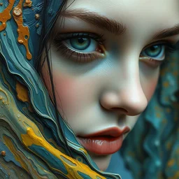 close - up portrait of beautiful girl by irakli nadar with intricate detailed color smashing fluid oil paint and acrylic, color leaves, melting wax, mycelia, abstract impressionism, ruan jia, fantasy, hyper detailed, concept art, by peter mohrbacher and gustav klimt,