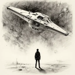 a figure standing from a distance staring at a falling Star Wars star destroyer, sketch