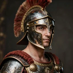 close - up portrait of roman gladiator with helmet and armor, color photograph by paolo roversi